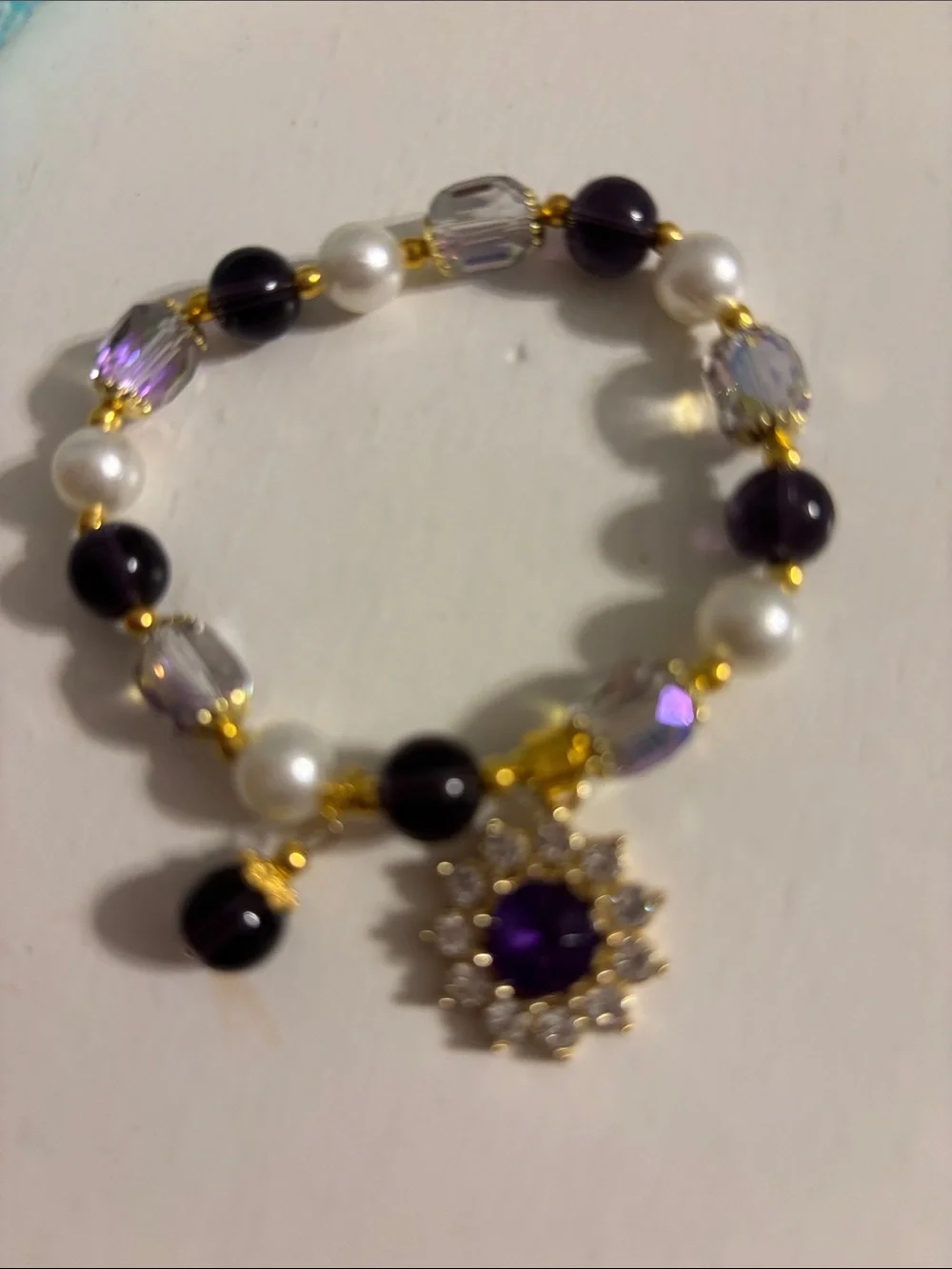 Gold-Tone Amethyst Bead Stretch Bracelet with Pearl Accents